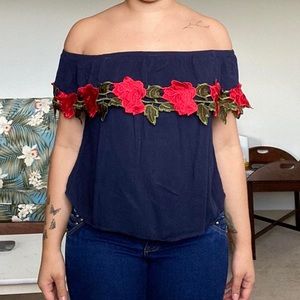 Agaci Off the shoulder navy blue blouse with red roses embroidery across the hem